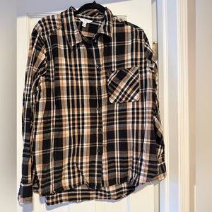 Time & Tru Women’s Plaid Button Down Shirt XL 16-18, Black Tan Flannel Top